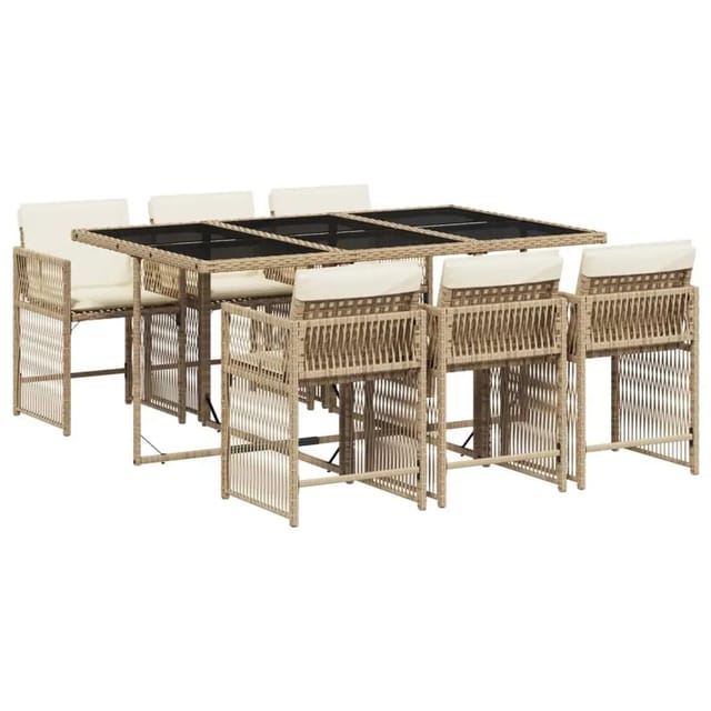 vidaXL 7-Tlg Garten-Essgruppe mit Kissen Beige Poly Rattan 3211630