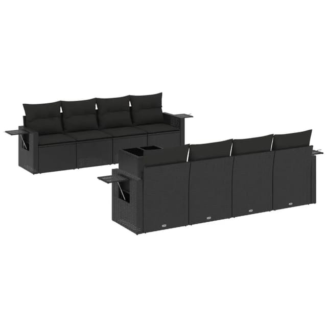 vidaXL 9-Tlg Garten-Sofagarnitur mit Kissen Schwarz Poly Rattan 3219944