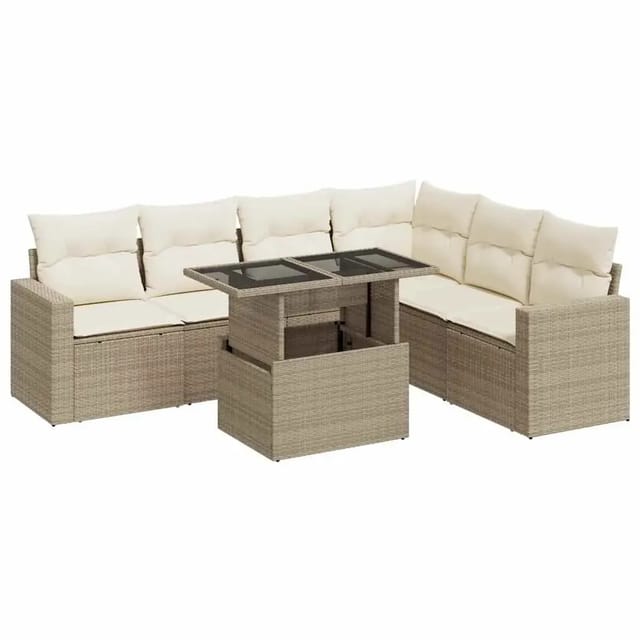 vidaXL 7-Tlg Garten-Sofagarnitur mit Kissen Beige Poly Rattan 3326329