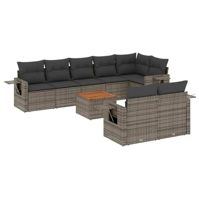 vidaXL 9-Tlg Garten-Sofagarnitur mit Kissen Grau Poly Rattan 3256984