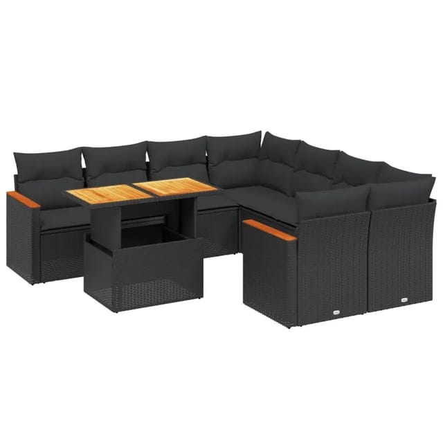 vidaXL 9-Tlg Garten-Sofagarnitur mit Kissen Schwarz Poly Rattan 3273001