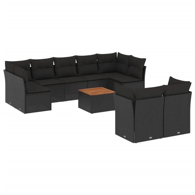 vidaXL 10-Tlg Garten-Sofagarnitur mit Kissen Schwarz Poly Rattan 3256139