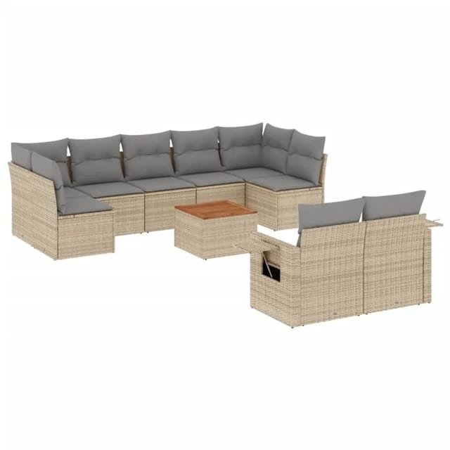 vidaXL 10-Tlg Garten-Sofagarnitur mit Kissen Beige Poly Rattan 3257046