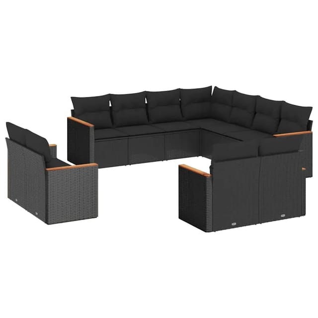 vidaXL 11-Tlg Garten-Sofagarnitur mit Kissen Schwarz Poly Rattan 3258898