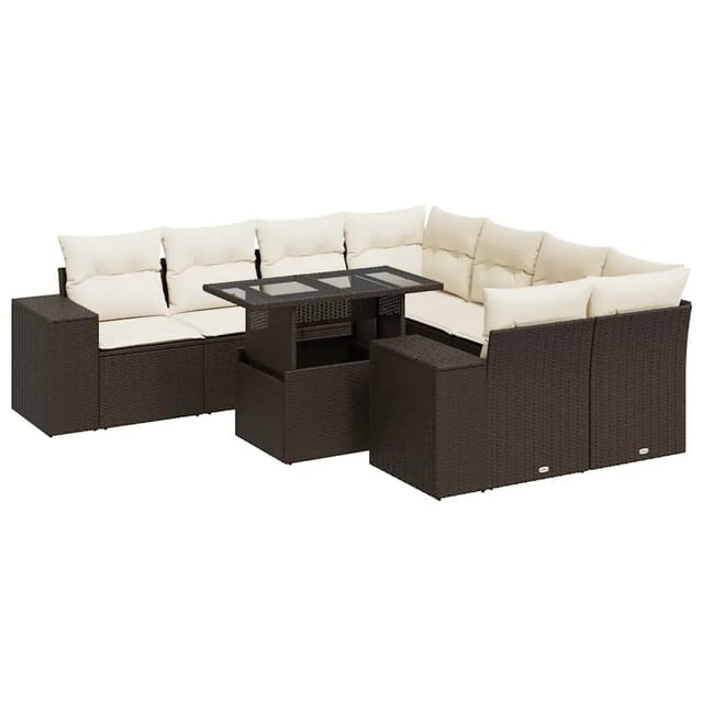 vidaXL 9-Tlg Garten-Sofagarnitur mit Kissen Braun Poly Rattan 3326774