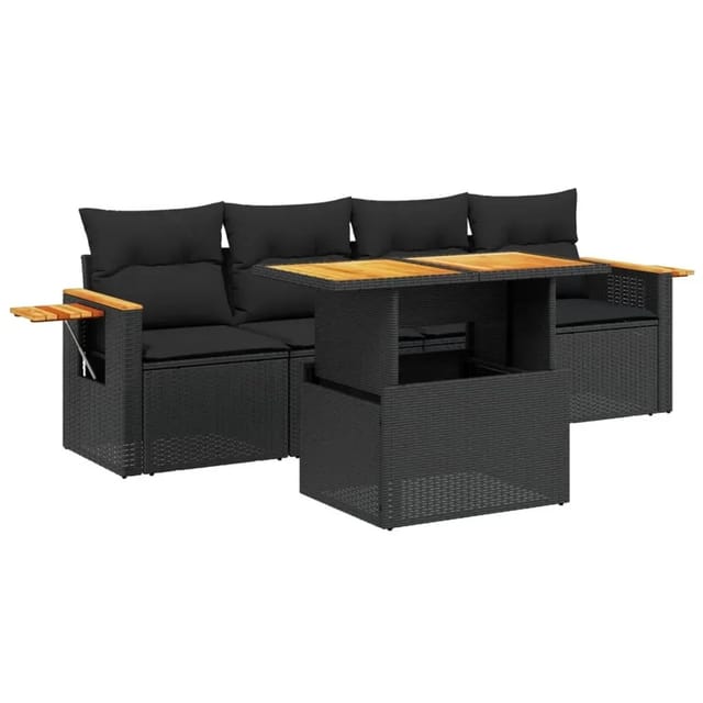 vidaXL 5-Tlg Garten-Sofagarnitur mit Kissen Schwarz Poly Rattan 3273393