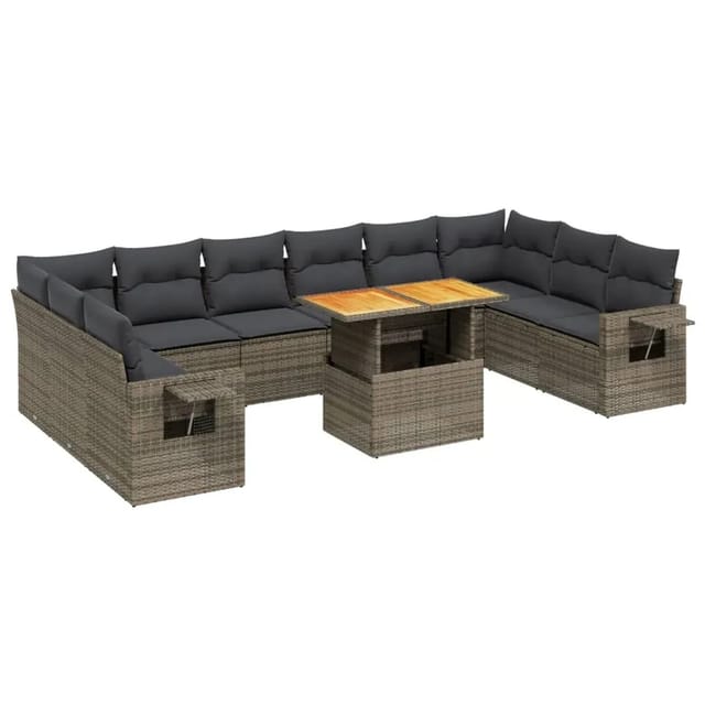 vidaXL 11-Tlg Garten-Sofagarnitur mit Kissen Grau Poly Rattan 3271928