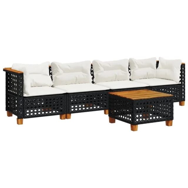 vidaXL 5-Tlg Garten-Sofagarnitur mit Kissen Schwarz Poly Rattan 3261728