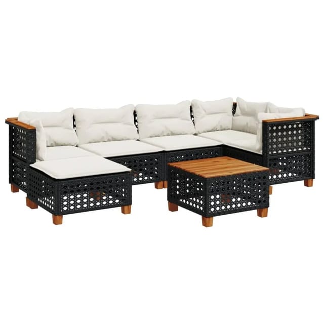 vidaXL 7-Tlg Garten-Sofagarnitur mit Kissen Schwarz Poly Rattan 3261920