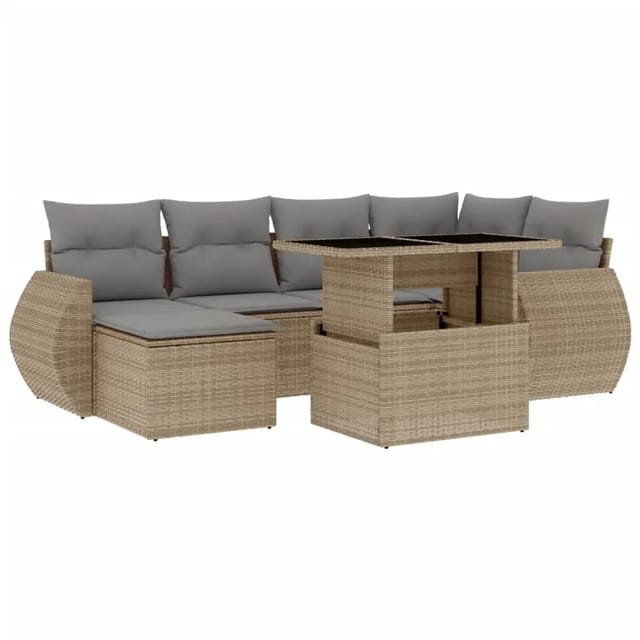 vidaXL 7-Tlg Garten-Sofagarnitur mit Kissen Beige Poly Rattan 3268679