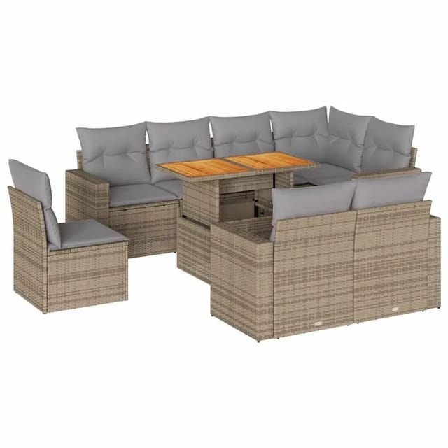 vidaXL 9-Tlg Garten-Sofagarnitur mit Kissen Beige Poly Rattan 3327055