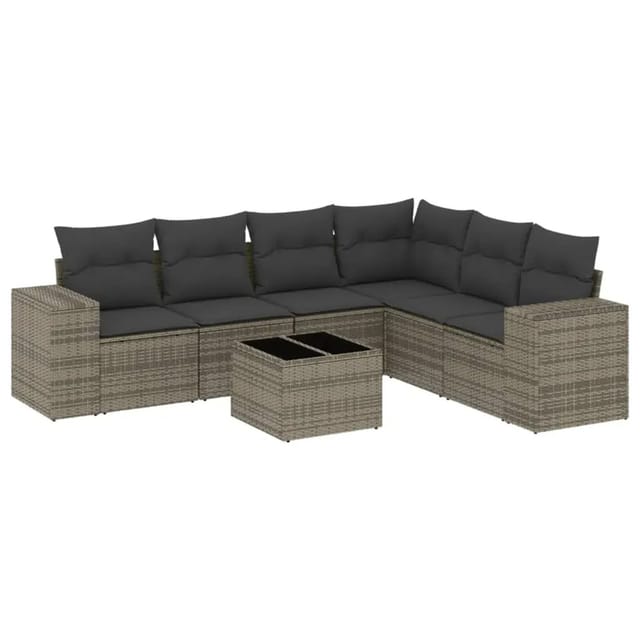 vidaXL 7-Tlg Garten-Sofagarnitur mit Kissen Grau Poly Rattan 3222619