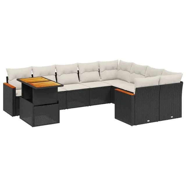 vidaXL 10-Tlg Garten-Sofagarnitur mit Kissen Schwarz Poly Rattan 3273240