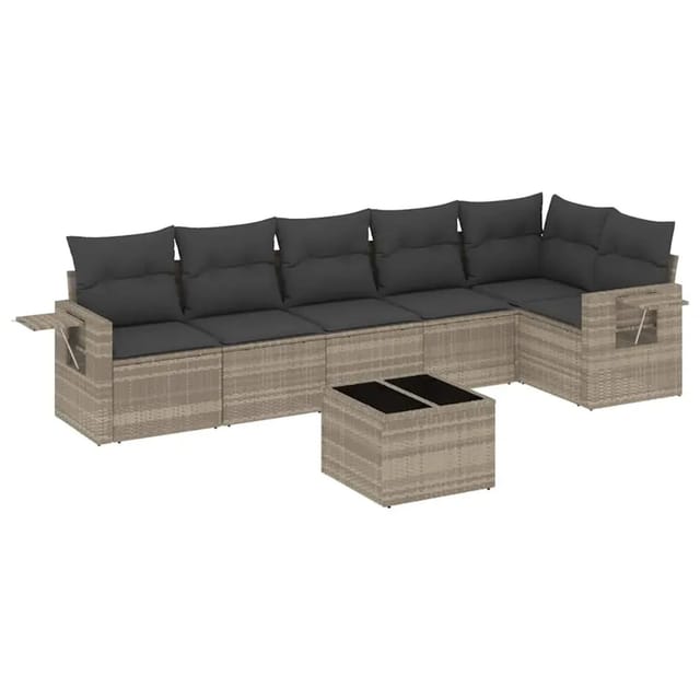 vidaXL 7-Tlg Garten-Sofagarnitur mit Kissen Hellgrau Poly Rattan 3220201