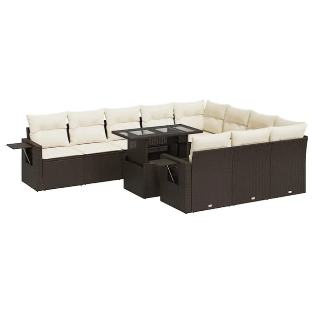 vidaXL 11-Tlg Garten-Sofagarnitur mit Kissen Braun Poly Rattan 3326554