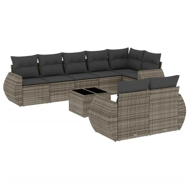 vidaXL 9-Tlg Garten-Sofagarnitur mit Kissen Grau Poly Rattan 3253967
