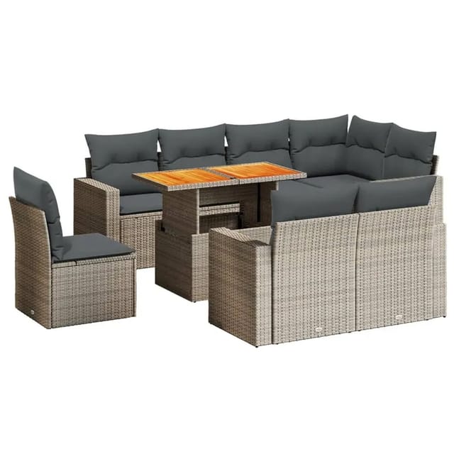 vidaXL 9-Tlg Garten-Sofagarnitur mit Kissen Grau Poly Rattan 3271410