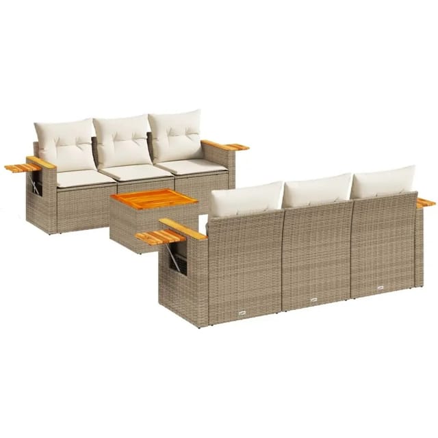 vidaXL 7-Tlg Garten-Sofagarnitur mit Kissen Beige Poly Rattan 3259034
