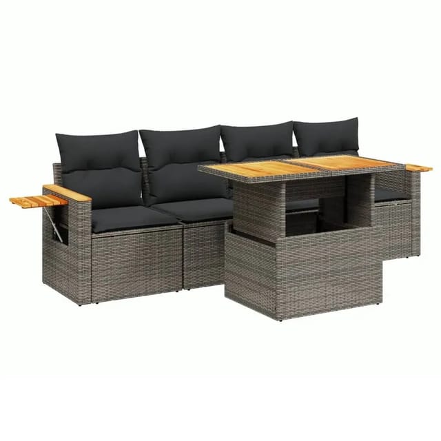 vidaXL 5-Tlg Garten-Sofagarnitur mit Kissen Grau Poly Rattan 3273398