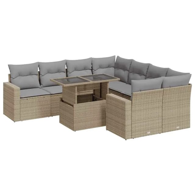 vidaXL 9-Tlg Garten-Sofagarnitur mit Kissen Beige Poly Rattan 3326290