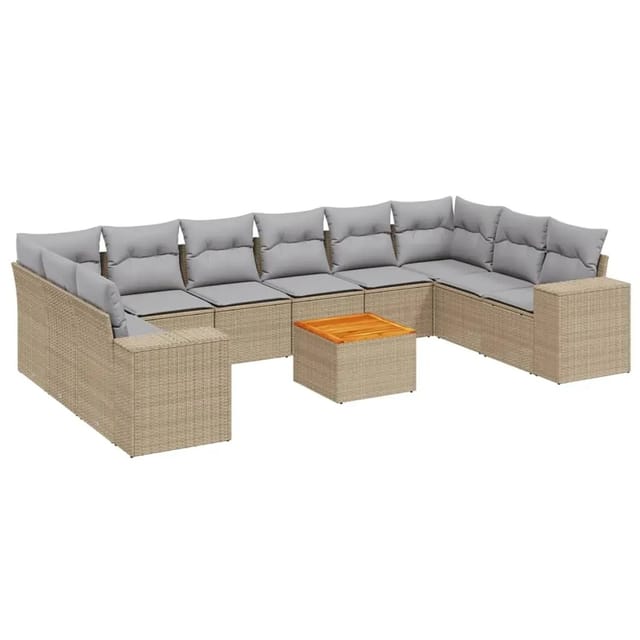 vidaXL 11-Tlg Garten-Sofagarnitur mit Kissen Beige Poly Rattan 3257949