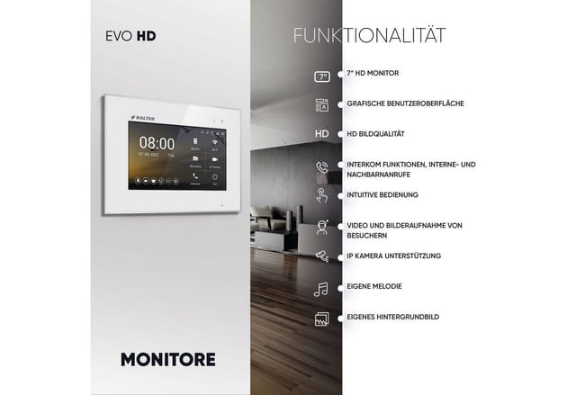 Balter EVO-HD Video-Türsprechanlage mit Fingerprint für Einfamilienhaus mit 1x 7 Zoll Monitor Weiß-Schwarz