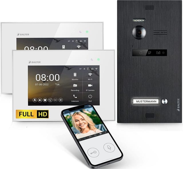 Balter EVO-HD Video-Türsprechanlage mit App für Einfamilienhaus mit 2x 7 Zoll Monitor Weiß-Schwarz