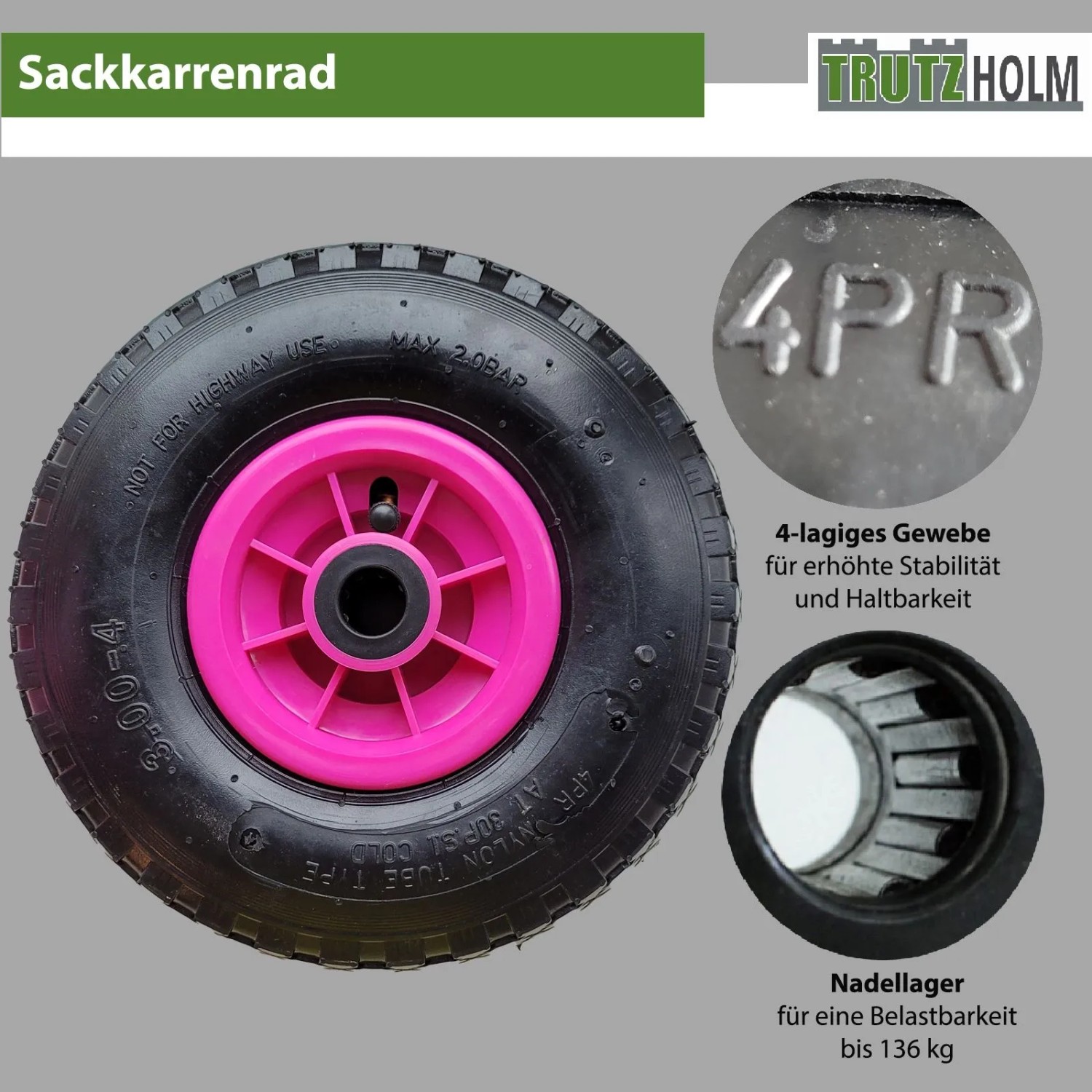 TRUTZHOLM Sackkarrenrad 260x85mm 3.00-4 Luftrad Nabenlänge 75mm 4PR Pink