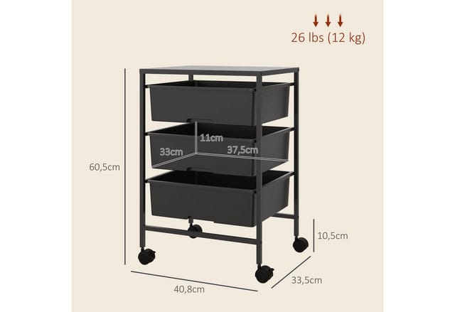 HOMCOM Rollwagen Stahl Kunststoff 40,8L x 33,5B x 60,5H cm Schwarz