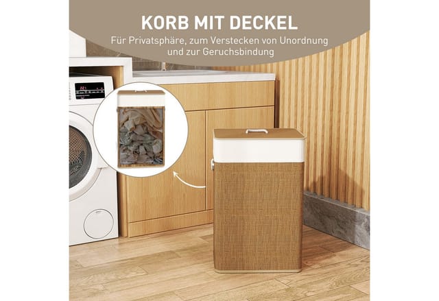HOMCOM Wäschekorb Bambus 40L x 30B x 60H cm Braun