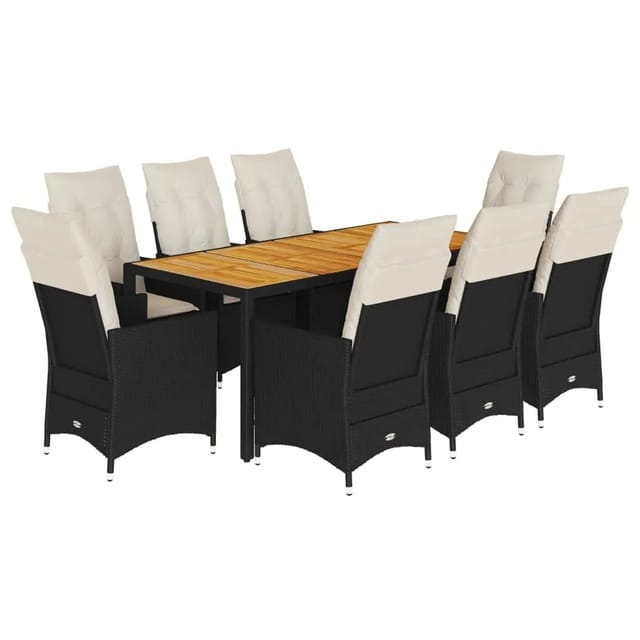 vidaXL 9-Tlg Garten-Essgruppe mit Kissen Schwarz Poly Rattan 3276686