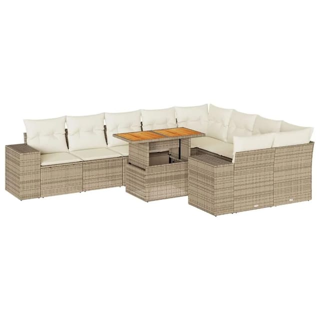 vidaXL 10-Tlg Garten-Sofagarnitur mit Kissen Beige Poly Rattan Akazie 3327418