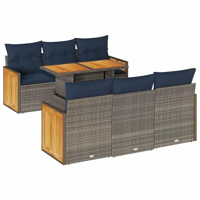 vidaXL 7-Tlg Garten-Sofagarnitur mit Kissen Grau Poly Rattan Akazie 3327673