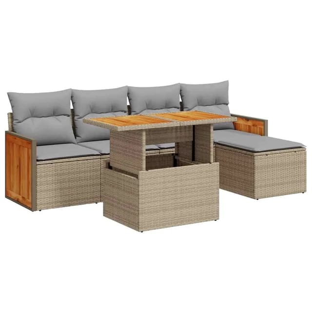 vidaXL 6-Tlg Garten-Sofagarnitur mit Kissen Beige Poly Rattan Akazie 3327699
