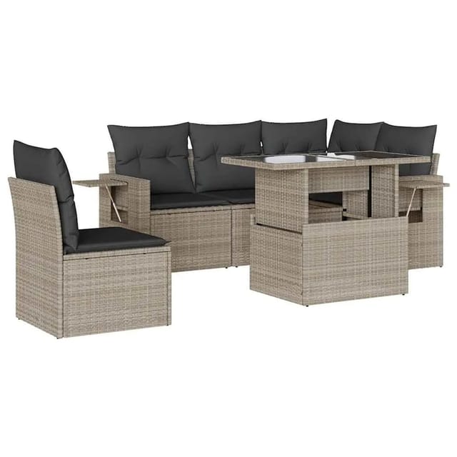 vidaXL 6-Tlg Garten-Sofagarnitur mit Kissen Hellgrau Poly Rattan 3267912