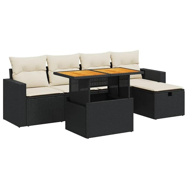 vidaXL 6-Tlg Garten-Sofagarnitur mit Kissen Schwarz Poly Rattan 3327994