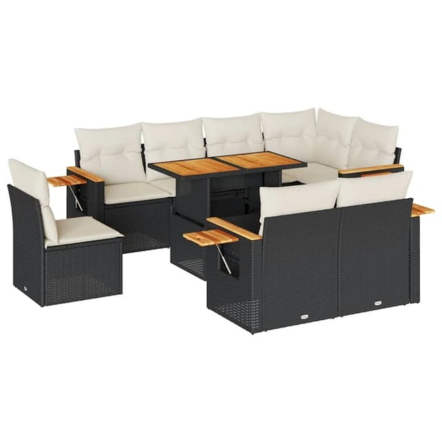 vidaXL 9-Tlg Garten-Sofagarnitur mit Kissen Schwarz Poly Rattan 3327612