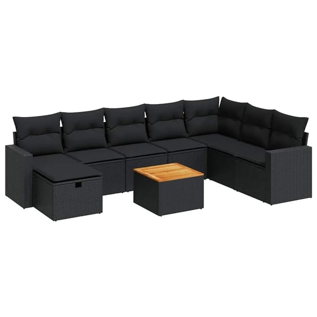 vidaXL 9-Tlg Garten-Sofagarnitur mit Kissen Schwarz Poly Rattan 3325800
