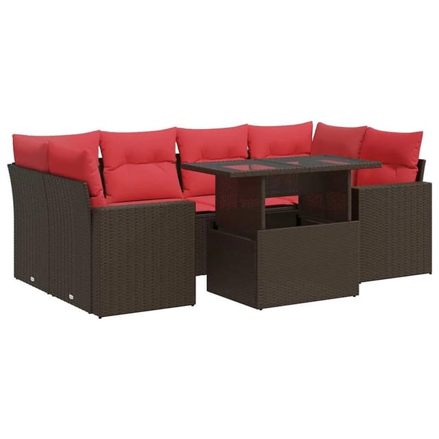 vidaXL 7-Tlg Garten-Sofagarnitur mit Kissen Braun Poly Rattan Akazie 3326275