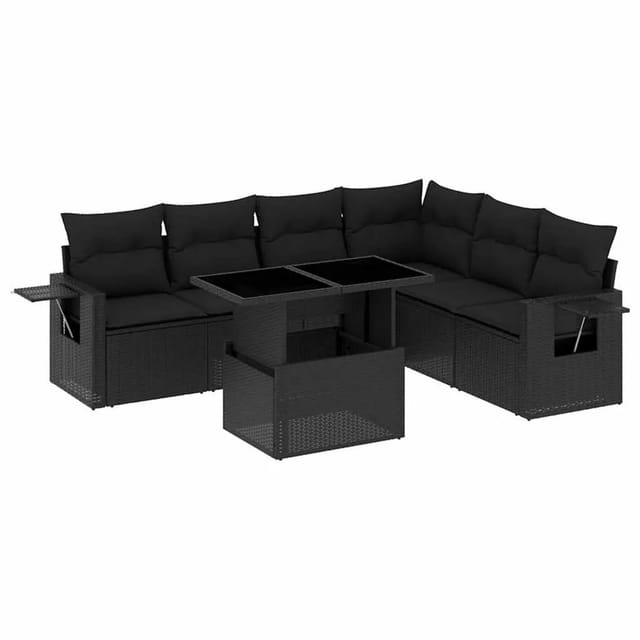 vidaXL 7-Tlg Garten-Sofagarnitur mit Kissen Schwarz Poly Rattan 3267925