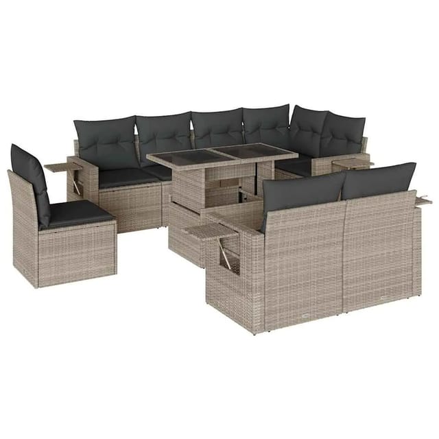 vidaXL 9-Tlg Garten-Sofagarnitur mit Kissen Hellgrau Poly Rattan 3268042