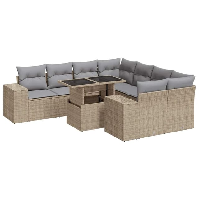 vidaXL 9-Tlg Garten-Sofagarnitur mit Kissen Beige Poly Rattan 3326770