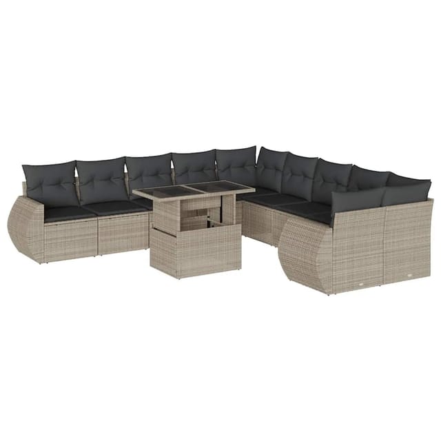 vidaXL 11-Tlg Garten-Sofagarnitur mit Kissen Hellgrau Poly Rattan 3268802
