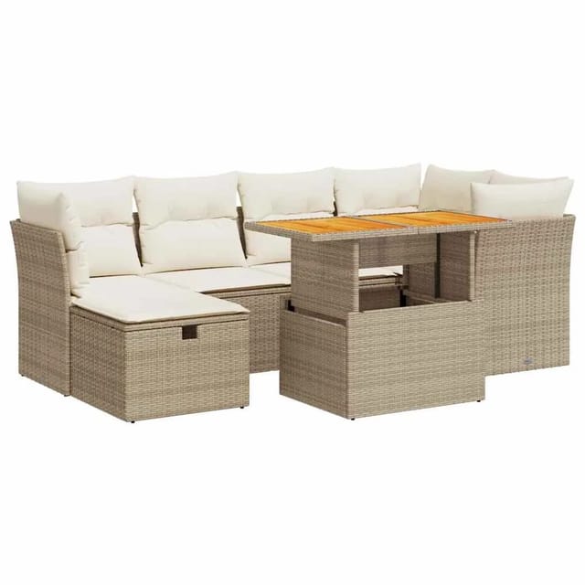 vidaXL 7-Tlg Garten-Sofagarnitur mit Kissen Beige Poly Rattan Akazie 3327975