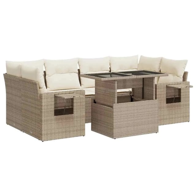 vidaXL 7-Tlg Garten-Sofagarnitur mit Kissen Beige Poly Rattan 3326429