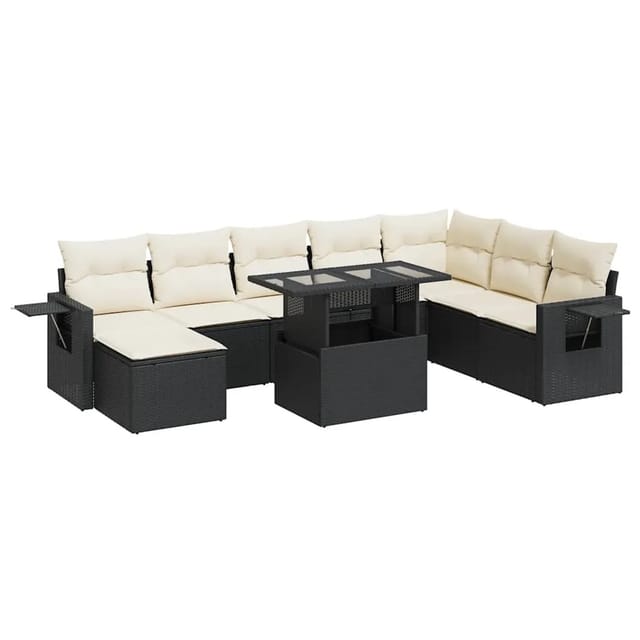 vidaXL 9-Tlg Garten-Sofagarnitur mit Kissen Schwarz Poly Rattan 3326527