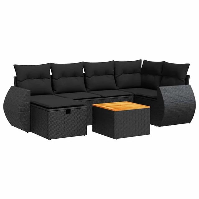 vidaXL 7-Tlg Garten-Sofagarnitur mit Kissen Schwarz Poly Rattan 3325842