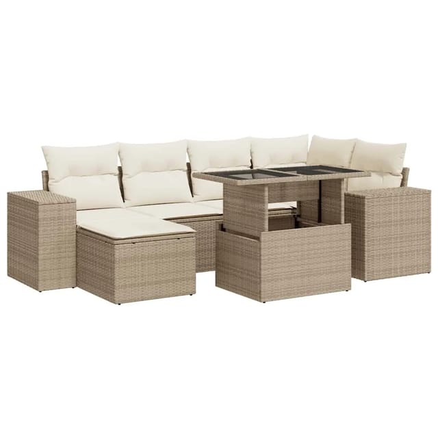 vidaXL 7-Tlg Garten-Sofagarnitur mit Kissen Beige Poly Rattan 3326829