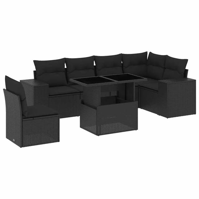 vidaXL 7-Tlg Garten-Sofagarnitur mit Kissen Schwarz Poly Rattan 3269195