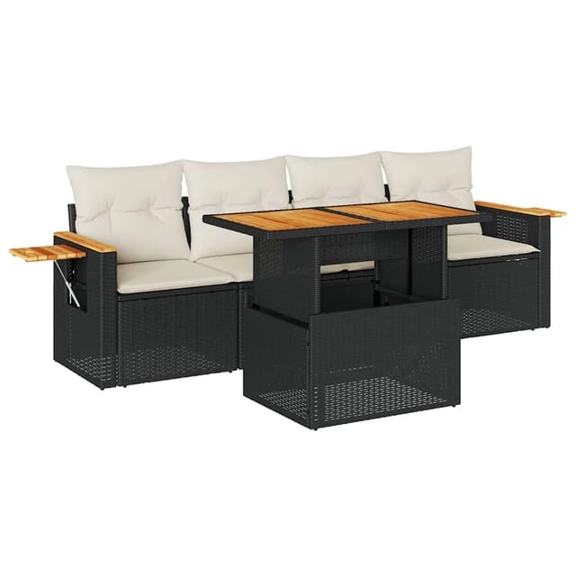 vidaXL 5Tlg Garten-Sofagarnitur mit Kissen Schwarz Poly Rattan Akazie 3327542